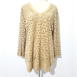 Alberto Makall Laser Cut Faux Suede Tunic Top Tan V-Neck Long Sleeve Boho Large